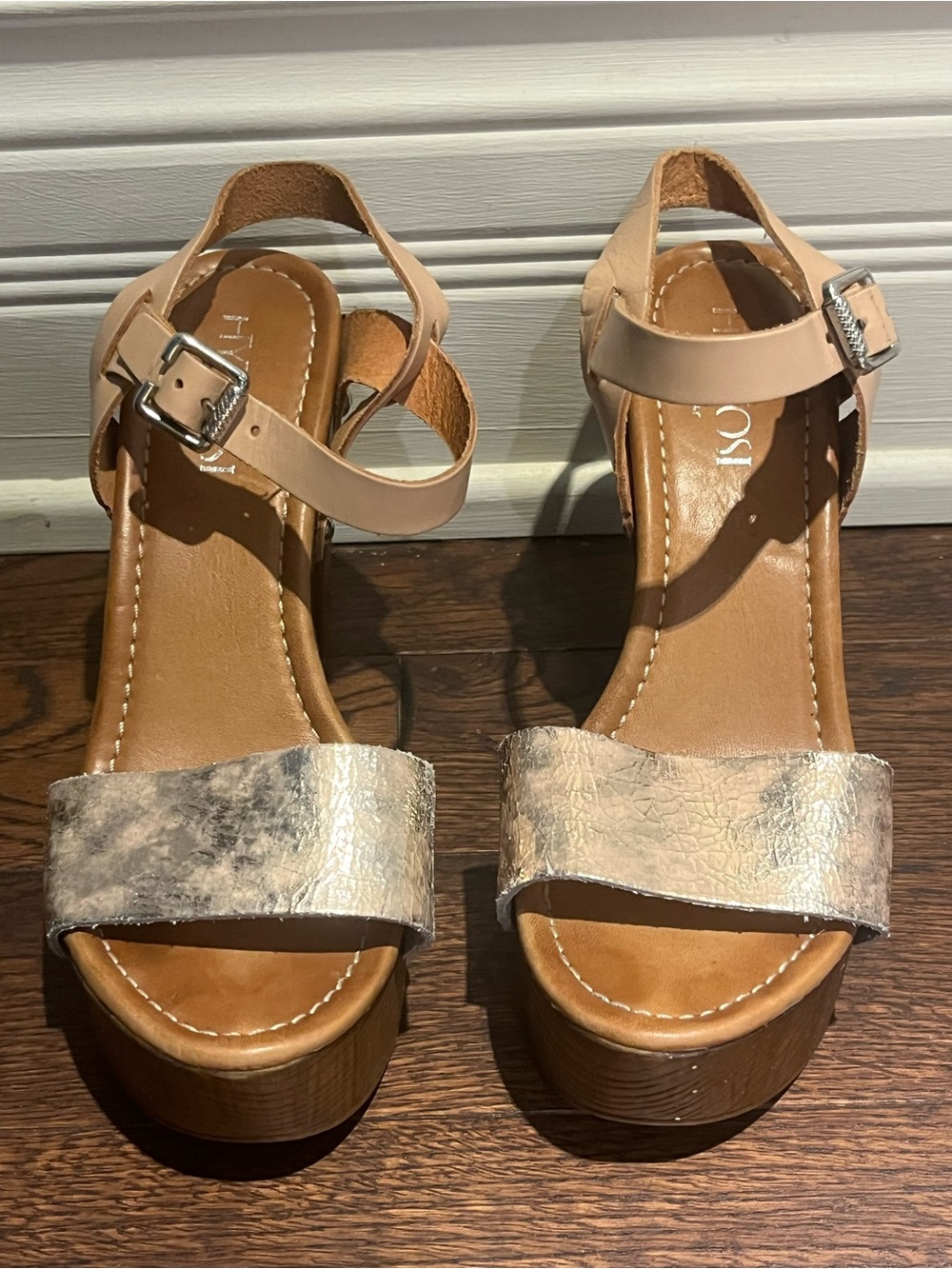 Hypnosi Platform Sandals in Metallic Beige Ankle Strap Dress Sandals